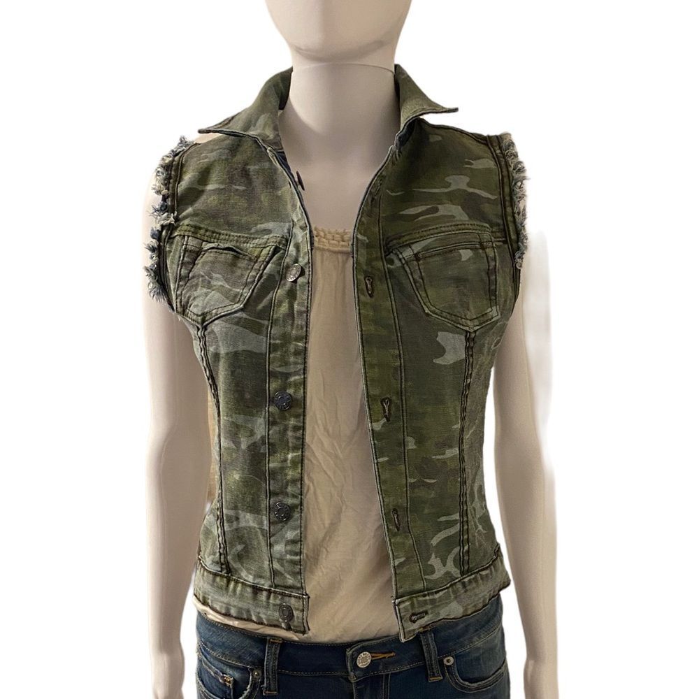 Express Camo Green Sleeveless Jean Jacket Vest